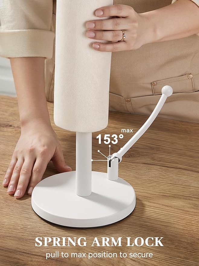 SMARTAKE Paper Towel Holder, Paper Towel Dispenser Standing Weighted Base Non Slip, Spring Arm for Easy Tear, Stainless Steel Paper Towel Holder for Home Kitchen Countertop Tabletop, White - Image 8