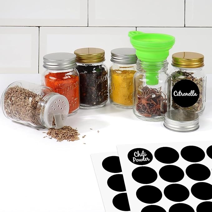 CycleMore 30 Pack 4oz Glass Mason Spice Jars, Round Spice Containers with Silver Metal Caps and Pour/Sift Shaker Lids-80pcs Labels,1 Silicone Collapsible Funnel,1 Brush and 1pcs Pen Included - Image 5