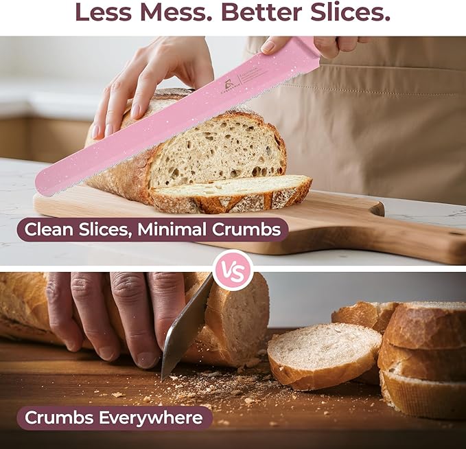 CoquusAid Upgrade Bread Knife for Homemade Bread, World‘s 1st Double Serrated Knife for Crusty Sourdough, 11.6 Inch Stainless Steel Bread Slicer, Professional Sourdough Cutter, Ideal for Gift, Pink - Image 3