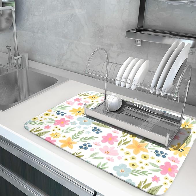 Spring Dish Drying Mat for Kitchen Counter Cute Floral Summer Holiday Microfiber Absorbent Dish Draining Reusable Washable Foldable Extra Large 18"x24" - Image 5