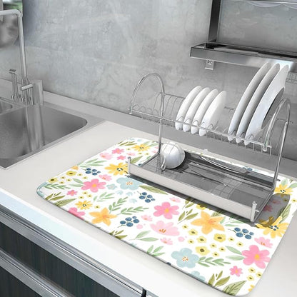 Spring Dish Drying Mat for Kitchen Counter Cute Floral Summer Holiday Microfiber Absorbent Dish Draining Reusable Washable Foldable Extra Large 18"x24" - Image 5