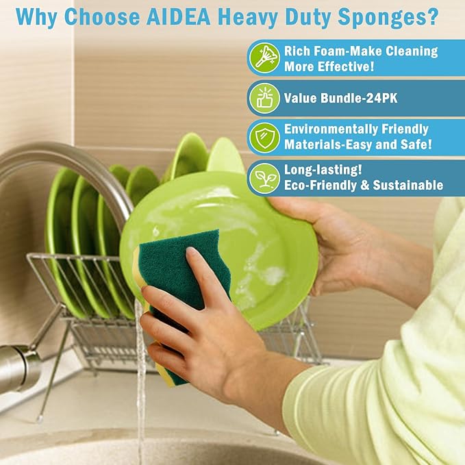 AIDEA Sponges Kitchen, 24 Pack Heavy Duty Dish Sponge, Cleaning Dish Scrubber Sponge for Home and Kitchen, Stink-Free Cleaning Supplies for Pots, Pans - Image 4