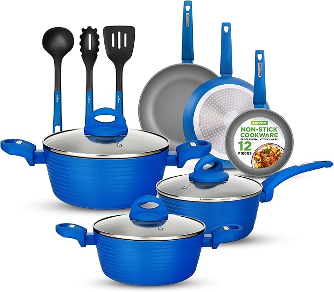 NutriChef 12 Piece Nonstick Cookware Set - PFOA/PFOS-Free Heat Resistant Lacquer Kitchen Ware Pots and Pans Set - Induction Ready Cookware Includes Saucepot, Pans, Cooking Pot Oven Pot, Lid, Utensils by NutriChef%E2%84%A2Kitchen