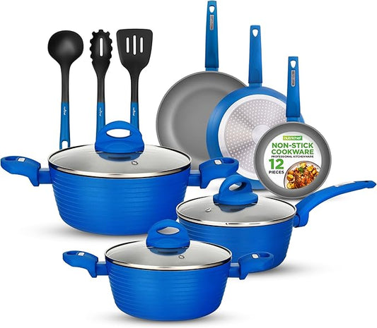 NutriChef 12 Piece Nonstick Cookware Set - PFOA/PFOS-Free Heat Resistant Lacquer Kitchen Ware Pots and Pans Set - Induction Ready Cookware Includes Saucepot, Pans, Cooking Pot Oven Pot, Lid, Utensils by NutriChef%E2%84%A2Kitchen