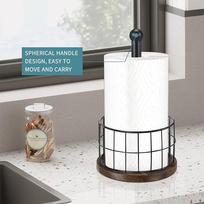 YINMIT Wood Paper Towel Holder Countertop, Farmhouse Paper Towel Holder with Heavy Duty Base, Wooden Paper Towel Holders, Paper Towel Holders for Kitchen, Fits Standard and Large Size Rolls - Image 3