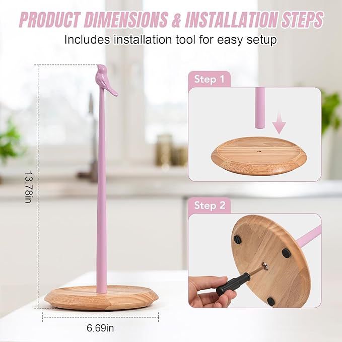 Wooden Paper Towel Holder countertop, Stylish Bird Shaped,Solid Wood Base&Iron Top, with Non-Slip Mat, Stable&Durable,Paper Towel Holder Farmhouse Style to Elevate Your Kitchen's Décor (Pink) - Image 7