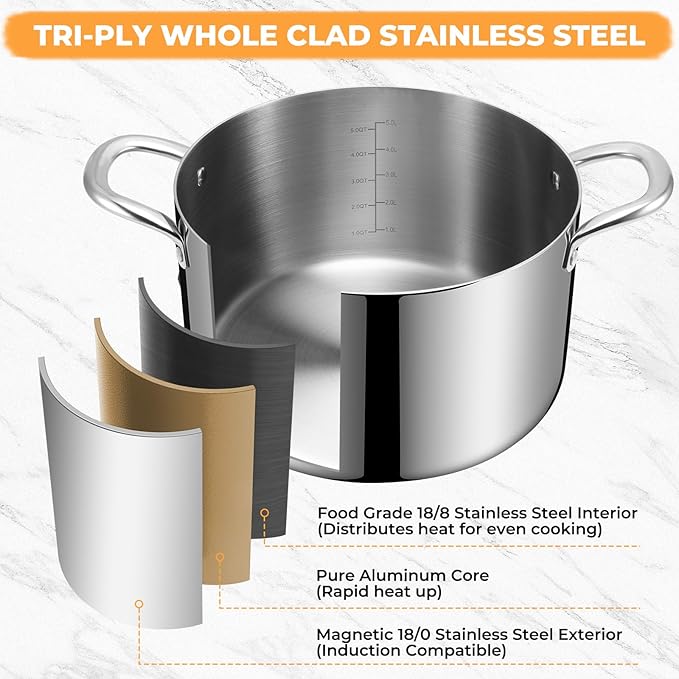Tri-Ply Stainless Steel Stock Pot, 8 Quart Heavy Duty Induction Cooking Pot with Visible Lid for Pasta, Soup, Spaghetti, Sturdy & Double Handle, Dishwasher Safe - Image 5