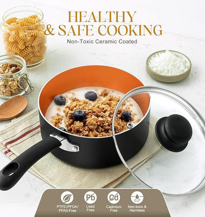 MICHELANGELO Ceramic Saucepan Set 1.5QT & 2QT & 3QT Nonstick Sauce Pans, PFAS-FREE Saucepan with Lid, Copper Saucepans Set of 3, Multipurpose Small Sauce Pot, Non Stick Sauce Pots, Dishwasher Safe - Image 4
