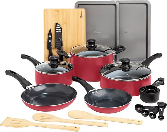 Ecolution Easy Clean Ceramic Nonstick Cookware Set, Dishwasher Safe Kitchen Pots and Pans Set, Comfort Grip Handle, Even Heating, Ultimate Food Release, 26-Piece, Red by Ecolution