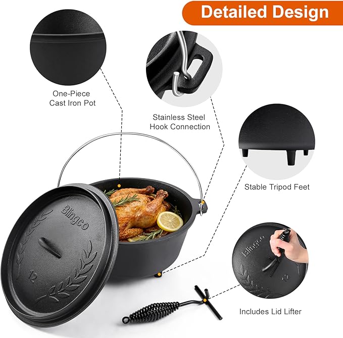 8QT Pre-Seasoned Cast Iron Camp Dutch Oven with Lid, Large Camping Dutch Oven Pot, incl. Lid Lifter - Dual Handles - for Outdoor Campfire, Grill, Oven & Stovetop Cooking-Black - Image 3