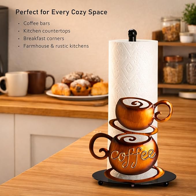Standing Paper Towel Roll Holder Countertop for Coffee Lovers Women Men, Farmhouse Kitchen Decor and Accessories, Coffee Table Decor for Kitchen Home, 3D Hand-Painting Pattern, Metal - Image 3