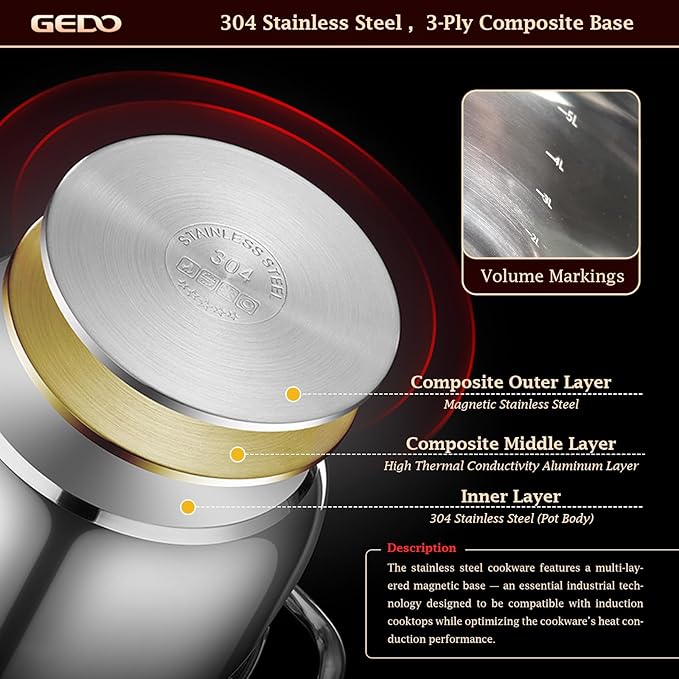 GEDO Stainless Steel Stock Pot with Glass Lid, 304 Grade Premium Soup Pot, Silver, Double Handle, for Kitchen Cooking (7.07in/18cm size) - Image 6