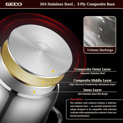 GEDO Stainless Steel Stock Pot with Glass Lid, 304 Grade Premium Soup Pot, Silver, Double Handle, for Kitchen Cooking (8.64in/22cm size) - Image 6