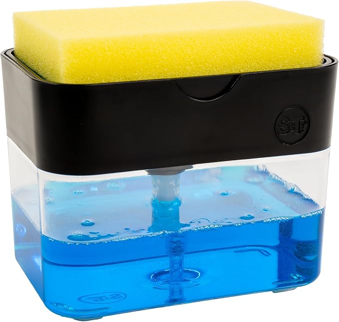 S&T INC. Dish Soap Dispenser and Sponge Holder for Kitchen Sink with Enhanced Features, Sponge Included, 13 Ounces, Matte Black by STINC
