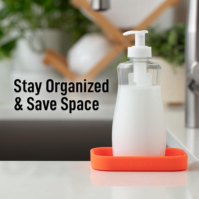 Zulay Kitchen Small Silicone Sponge Holder (4.9x3.3”) – Space-Saving Sink Organizer Tray for Sponge, Soap, Brush & More – Compact Non-Slip Dish for Kitchen & Bathroom (Orange) - Image 6