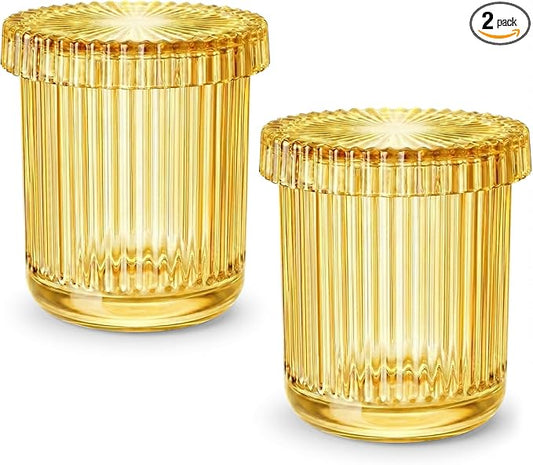 2 Pack Qtip Holder - Apothecary Jars with Lids, Bathroom Organizers and Storage Canister for Cotton Balls,Swabs,Floss Picks,Hair Ties,Clear Glass Vintage Bathroom Decor Jar Set (yellow)