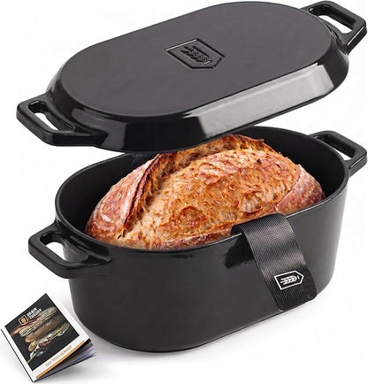 Kook Dutch Oven, For Sourdough Baking, Dual Handles, Enameled Cast Iron, includes Silicone Mat and Sourdough Guide, Dishwasher Safe, Oven safe 500F, 5 Qt, (Black) by Kook