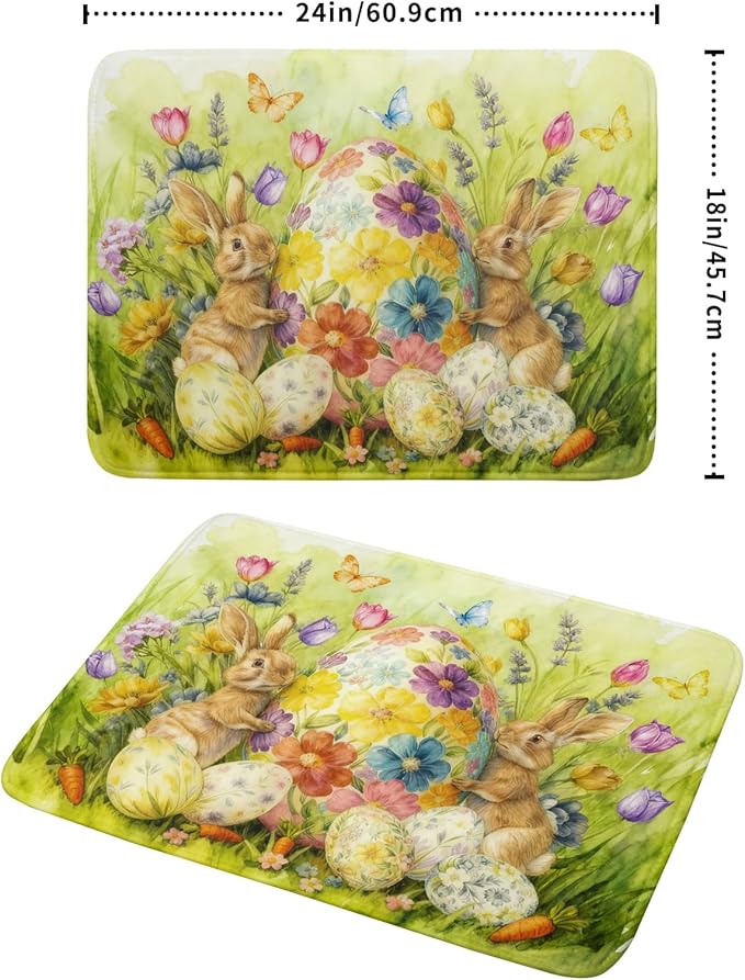 Easter Egg Dish Drying Mat 18x24 Inch Bunny Floral Green Drying Pad for Kitchen Counter Washable - Image 2