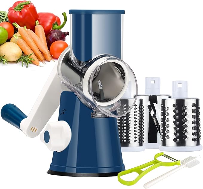 Ourokhome Rotary Cheese Grater Hand Crank, Kitchen Shredder Speed Mandolin Slicer Nut Grinder with Handle and Drum Blades for Cheese, Vegetable, Walnut, Chocolate, Potato, Carrot, 3 Blades, Dark Blue by Ourokhome