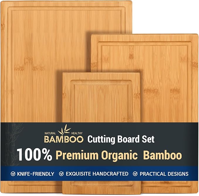 Hiware 3-piece Bamboo Cutting Boards for Kitchen, Heavy Duty Bamboo Cutting Board with Juice Groove, Wood Cutting Board Set for Meat, Vegetables by HIWARE