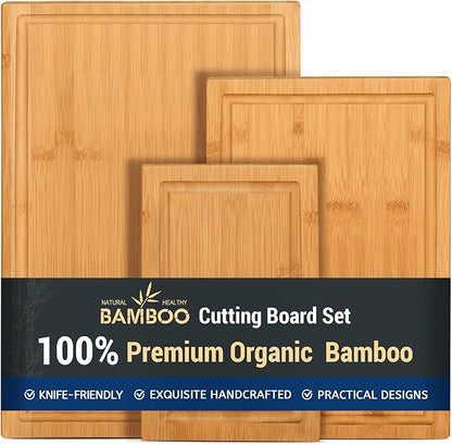 Hiware 3-piece Bamboo Cutting Boards for Kitchen, Heavy Duty Bamboo Cutting Board with Juice Groove, Wood Cutting Board Set for Meat, Vegetables by HIWARE