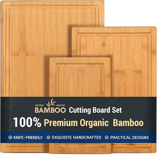 Hiware 3-piece Bamboo Cutting Boards for Kitchen, Heavy Duty Bamboo Cutting Board with Juice Groove, Wood Cutting Board Set for Meat, Vegetables by HIWARE