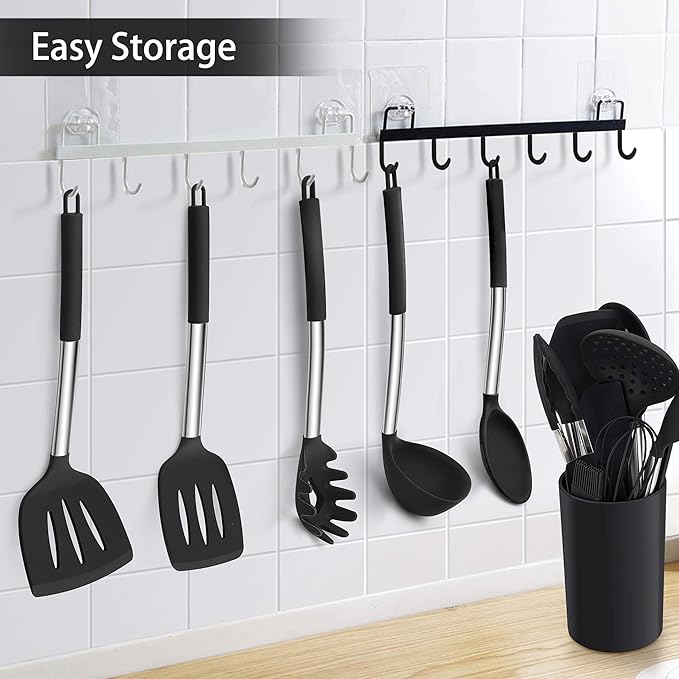 LIANYU 15-Piece Kitchen Cooking Utensils Set with Holder, Silicone Kitchen Tools Stainless Steel Handle, Slotted Spatula Spoon Turner Tong Whisk Brush for Cooking, Black - Image 7