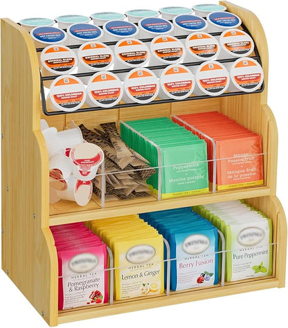 LASZOLA Bamboo Tea Bag and Coffee Holder Organizer for Cabinet Counter Office, 3 Tier Large Capacity Vertical K Cup and Tea Packet Storage Rack, Sturdy Display Stand, Easy Assemble by LASZOLA