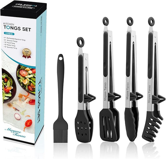 5-Pack Silicone Tongs for Cooking,Maywe Tanso 4PCS 13-Inch Kitchen Tongs with Silicone Tips,Nonstick Stainless Steel Tong for Steak Pie Pizza Pasta Spaghetti Salad BBQ Buffet,Plus Brush by MayweTanso
