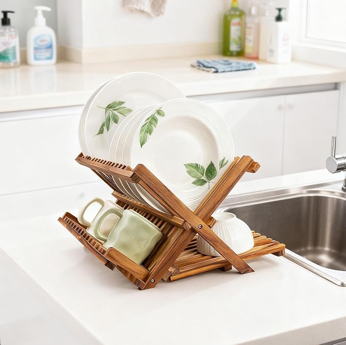 Utoplike 3 Tier Collapsible Teak Wood Dish Drying Rack, Foldable Large Capacity Dish Draine, Space-Saving Countertop Kitchen Organizer for Plates, Cups - Image 6