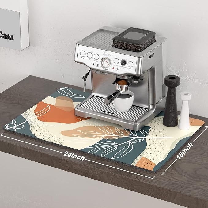 Rnivvi Coffee Mat, 16" x 24" Cute Boho Theme Coffee Bar Mats for Espresso Machine Station Accessories and Organizer, Hide Stain Rubber Backed Absorbent Dish Drying Pad for Kitchen Counter, Leaves - Image 2