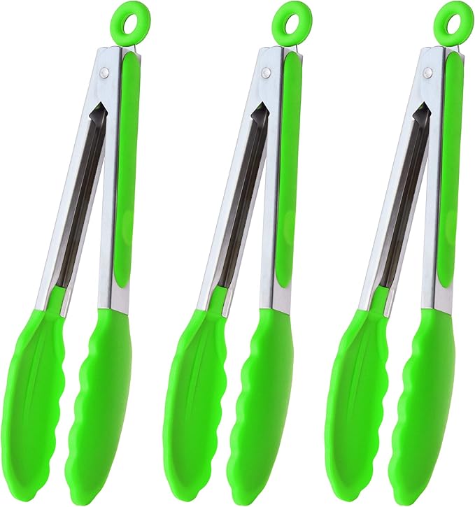HINMAY Silicone Tongs 9-Inch Stainless Steel Locking Kitchen Tongs, Set of 3 (Green) by HINMAY