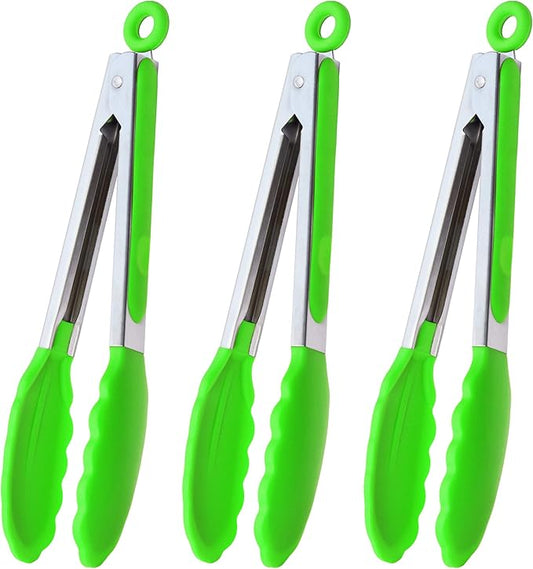 HINMAY Silicone Tongs 9-Inch Stainless Steel Locking Kitchen Tongs, Set of 3 (Green) by HINMAY