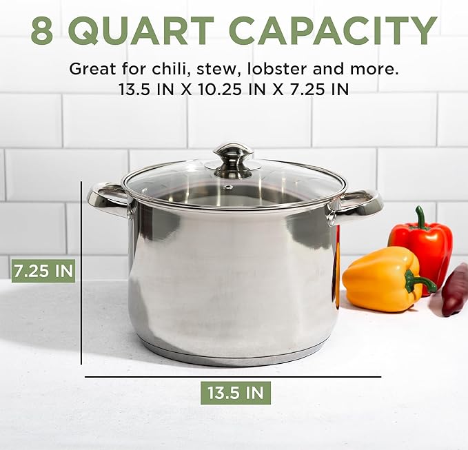 Ecolution Stainless Steel Stock Pot, Encapsulated Induction Ready Cooking Pot with Glass Lid, Oven Safe, Dishwasher Safe Soup Pot, 8-Quart - Image 5