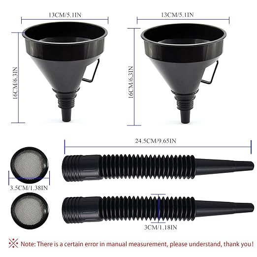 Flex Funnel - Wide Mouth Flexible Funnel with Handle, Multi-Functional Large Plastic Automotive Funnels for Cars and Motorcycles, Engine Oil, Liquid, Diesel, Kerosene,Gasoline (2pcs x 5.2" Black)