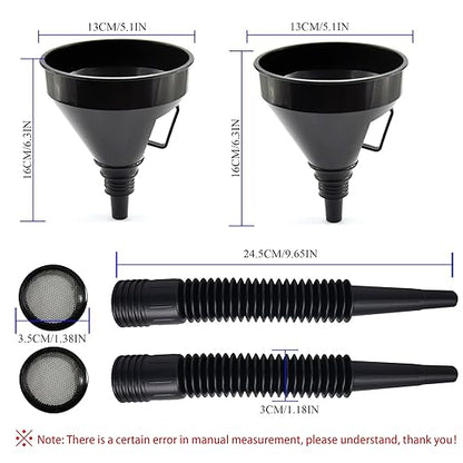 Flex Funnel - Wide Mouth Flexible Funnel with Handle, Multi-Functional Large Plastic Automotive Funnels for Cars and Motorcycles, Engine Oil, Liquid, Diesel, Kerosene,Gasoline (2pcs x 5.2" Black)