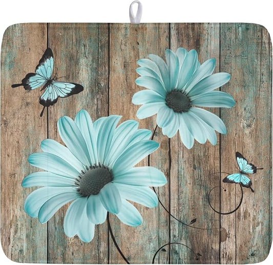 Teal Sunflowers Drying Mat 18x16 Inch, Summer Wooden Board Drying Mat with Absorbent Reversible Microfiber, Rustic Dish Drainer Mats Shabby Chic Floral Rack Pad for Coffee Countertop Kitchen Protector