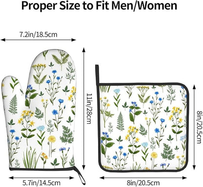 Blue Yellow Green Floral Oven Mitts & Pot Holders Sets of 3, Heat Resistant Sky Blue Teal White Flowers Kitchen Gloves and Hot Pads for Cooking Baking Grilling, Baking Gifts for Women, Kitchen Decor