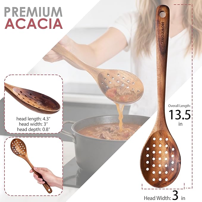 HOWHONG Slotted Spoon Wooden Cooking Utensil, Long Handle Acacia Wood Spoon for Cooking, Draining Spoon for Vegetables Pasta and Frying, Nonstick Cookware Safe, Bare Wood Feel for Daily Kitchen Use