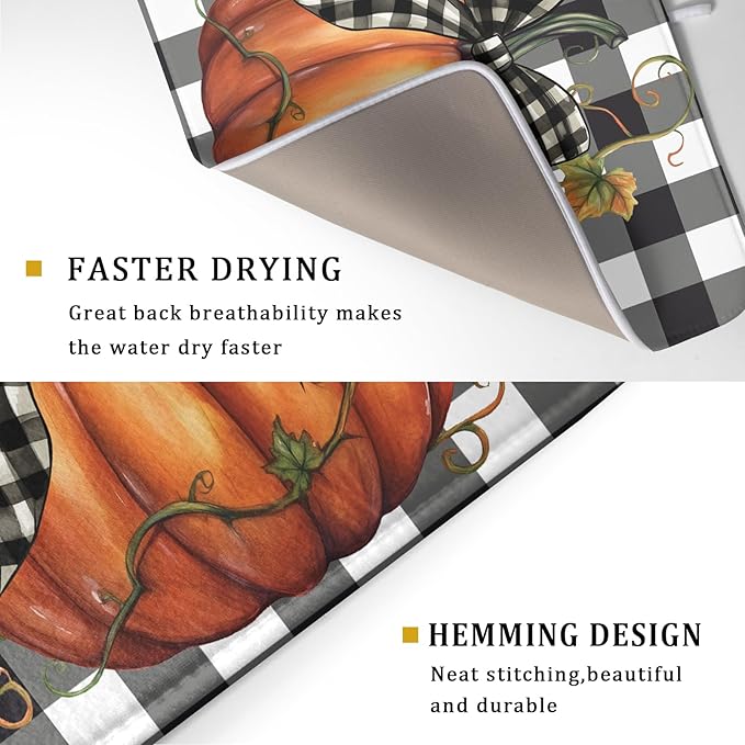Fall Drying Mats for Kitchen Counter Fall Pumpkin Dish Drying Mat 18 x 24 Inch Autumn Black White Buffalo Check Dish Rack Mat Drainer Pad Thanksgiving Absorbent Microfiber Table Mat for Coffee Bar