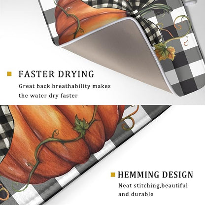 Fall Drying Mats for Kitchen Counter Fall Pumpkin Dish Drying Mat 18 x 24 Inch Autumn Black White Buffalo Check Dish Rack Mat Drainer Pad Thanksgiving Absorbent Microfiber Table Mat for Coffee Bar