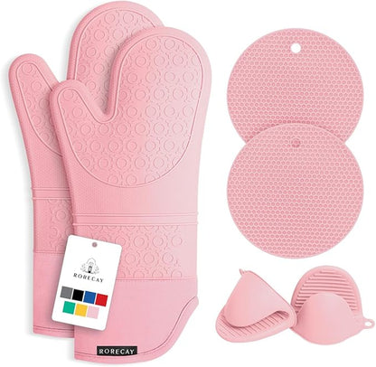 Rorecay 6pcs Oven Mitts and Pot Holders Sets for Kitchen, Extra Long Non-Slip Silicone Oven Gloves Heat Resistant 500 Degrees Potholders Hot Pads for Baking Cooking, Quilted Liner, Pink by Rorecay