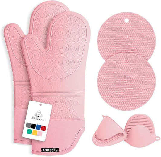 Rorecay 6pcs Oven Mitts and Pot Holders Sets for Kitchen, Extra Long Non-Slip Silicone Oven Gloves Heat Resistant 500 Degrees Potholders Hot Pads for Baking Cooking, Quilted Liner, Pink by Rorecay