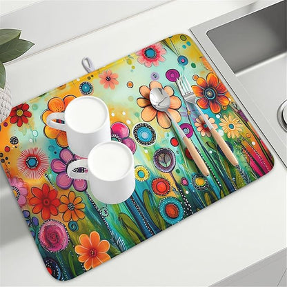 Abstract Colorful Floral Dish Drying Mat for Kitchen Counter Spring Summer Flower Microfiber Dish Drainer Mat Rustic Absorbent Washable Drying Pad Extra Large 18"x24"