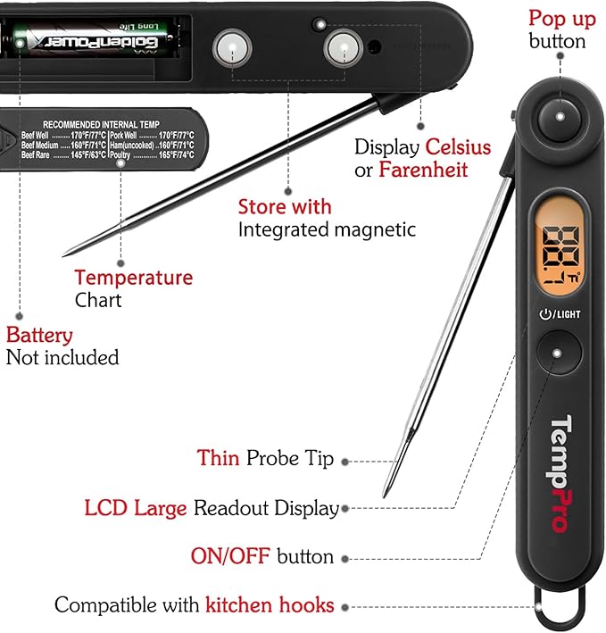 TempPro Digital Meat Thermometer with Temperature Indicator, Instant Read Food Thermometer with Pop-up Meat Probe and Backlight for Oil Deep Fry Smoker BBQ Grill Kitchen Candy (Previously ThermoPro) - Image 4