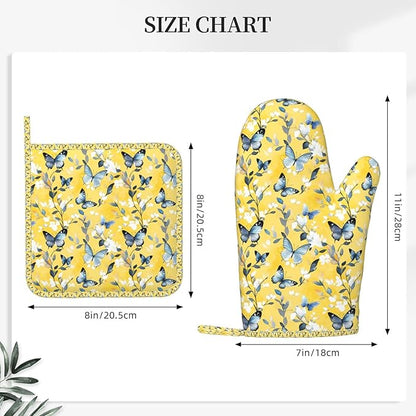 Oven Mitts and Pot Holders Watercolor Pastel Butterfly Flower Silicone Kitchen Accessories Set of 4 Heat Resistant Long Gloves Potholder Non-Slip Grip for Chef Cooking Baking Grilling BBQ