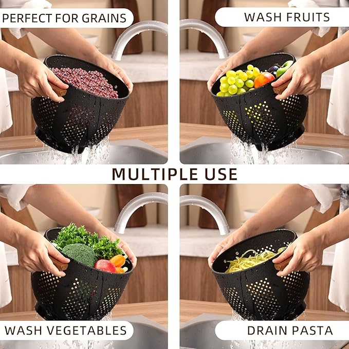 Metal Colander with Wood Handle and Stable Base, Powder Coated Steel Kitchen Strainer Basket for Draining Pasta, Vegetable and fruit(5.5quart,Matte Black) - Image 5