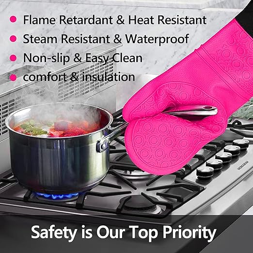 Silicone Oven Mitts and Pot Holders Set, MTZRFLL Extra Long Heat Resistant Oven Gloves with Hot Pads and Mini Oven Mittens for Grilling, Kitchen Cooking Baking, Quilted Lining, Pack of 6 (Rose) - Image 2