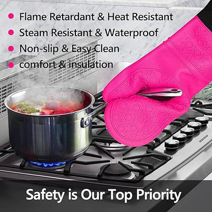 Silicone Oven Mitts and Pot Holders Set, MTZRFLL Extra Long Heat Resistant Oven Gloves with Hot Pads and Mini Oven Mittens for Grilling, Kitchen Cooking Baking, Quilted Lining, Pack of 6 (Rose) - Image 2
