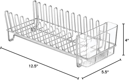 mDesign Kitchen Sink Dish Drainer – Small Metal and Plastic Dish Rack for Kitchen Sink – Ideal for Plates and Cutlery Basket – Chrome/Clear